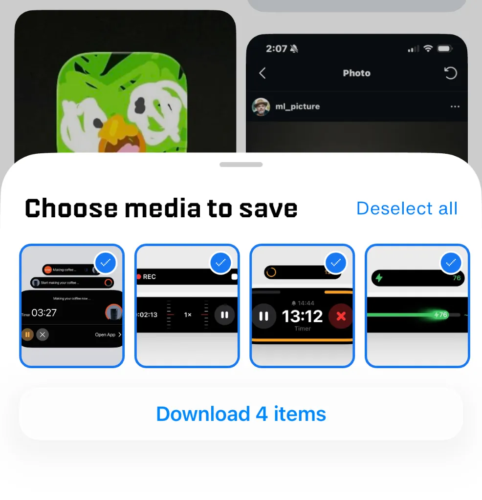 Save media interface for downloading videos
